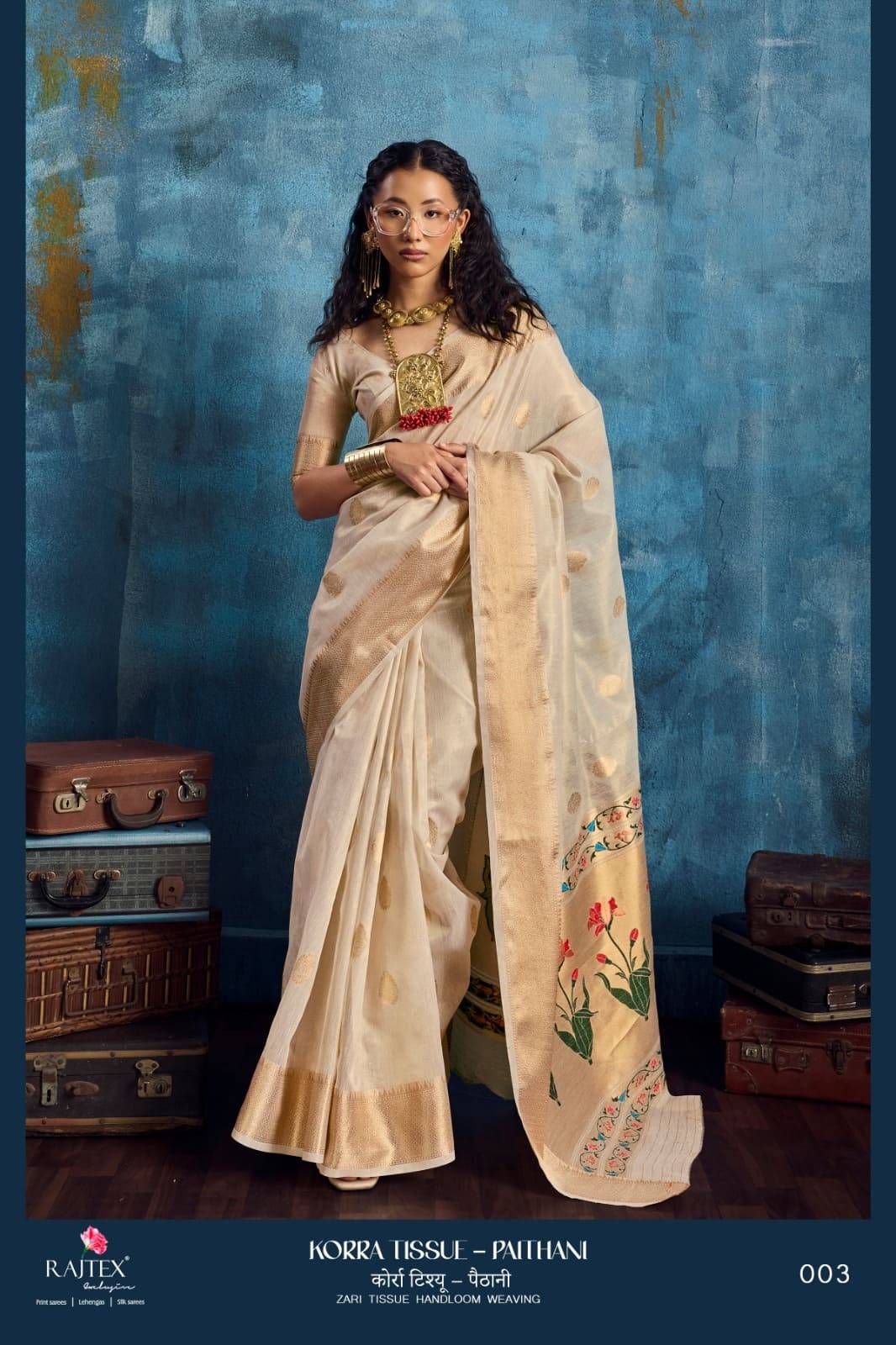 Korra Tissue - Paithani By Raj Tex 001 to 006 Series Indian Traditional Wear Collection Beautiful Stylish Fancy Colorful Party Wear & Occasional Wear Satin Crepe Sarees At Wholesale Price